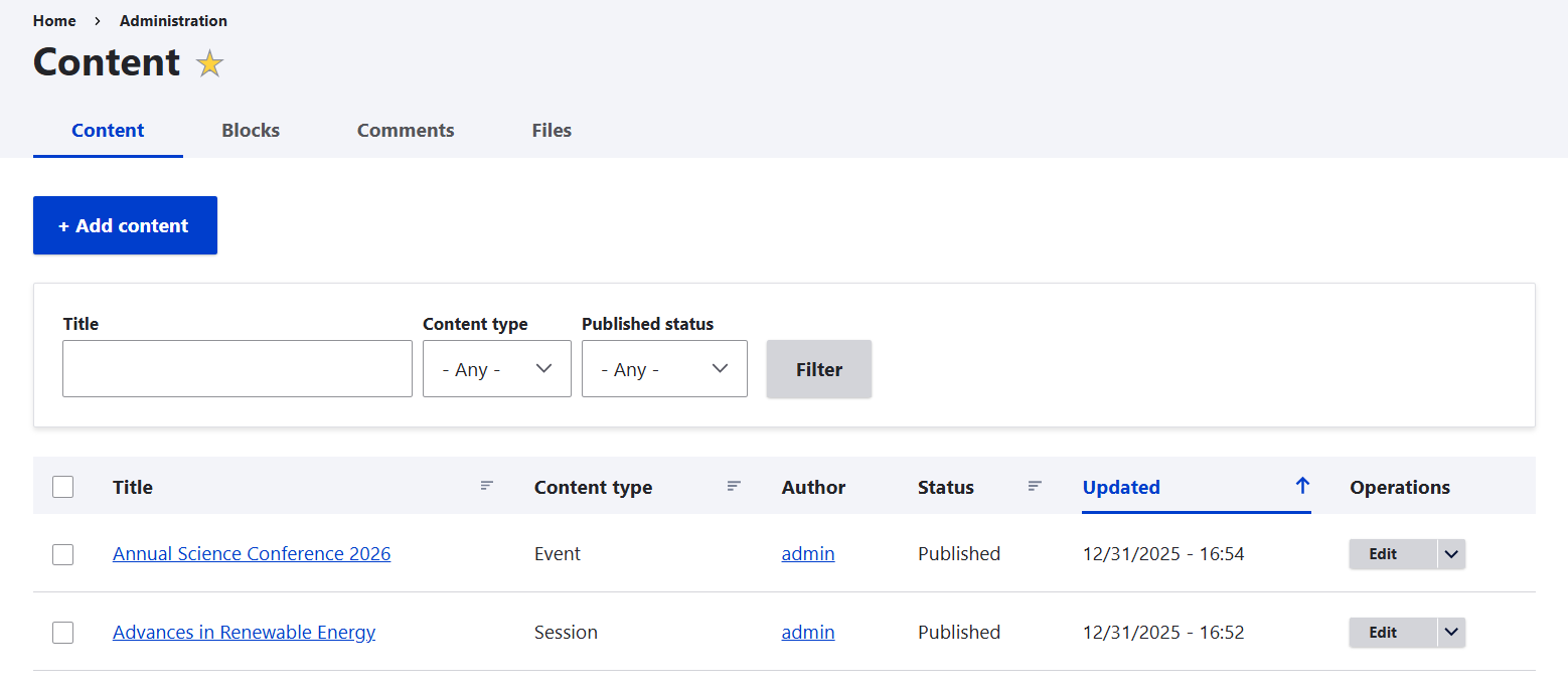 Checking that the event and the session are both listed on the Content tab
