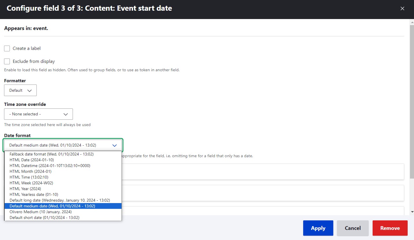 The choice of the date format in the field settings.