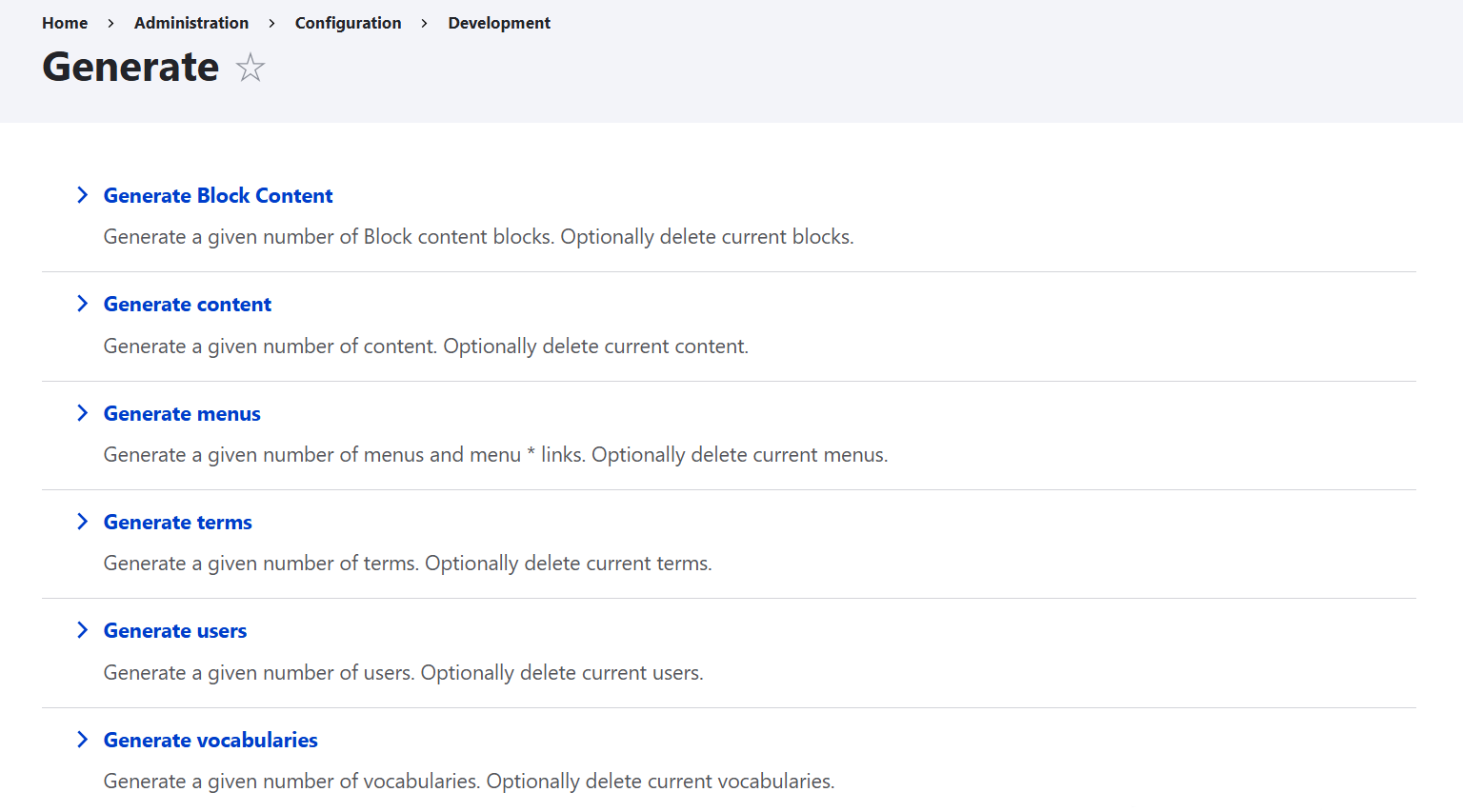 Choosing for which data type to use the Devel Generate feature