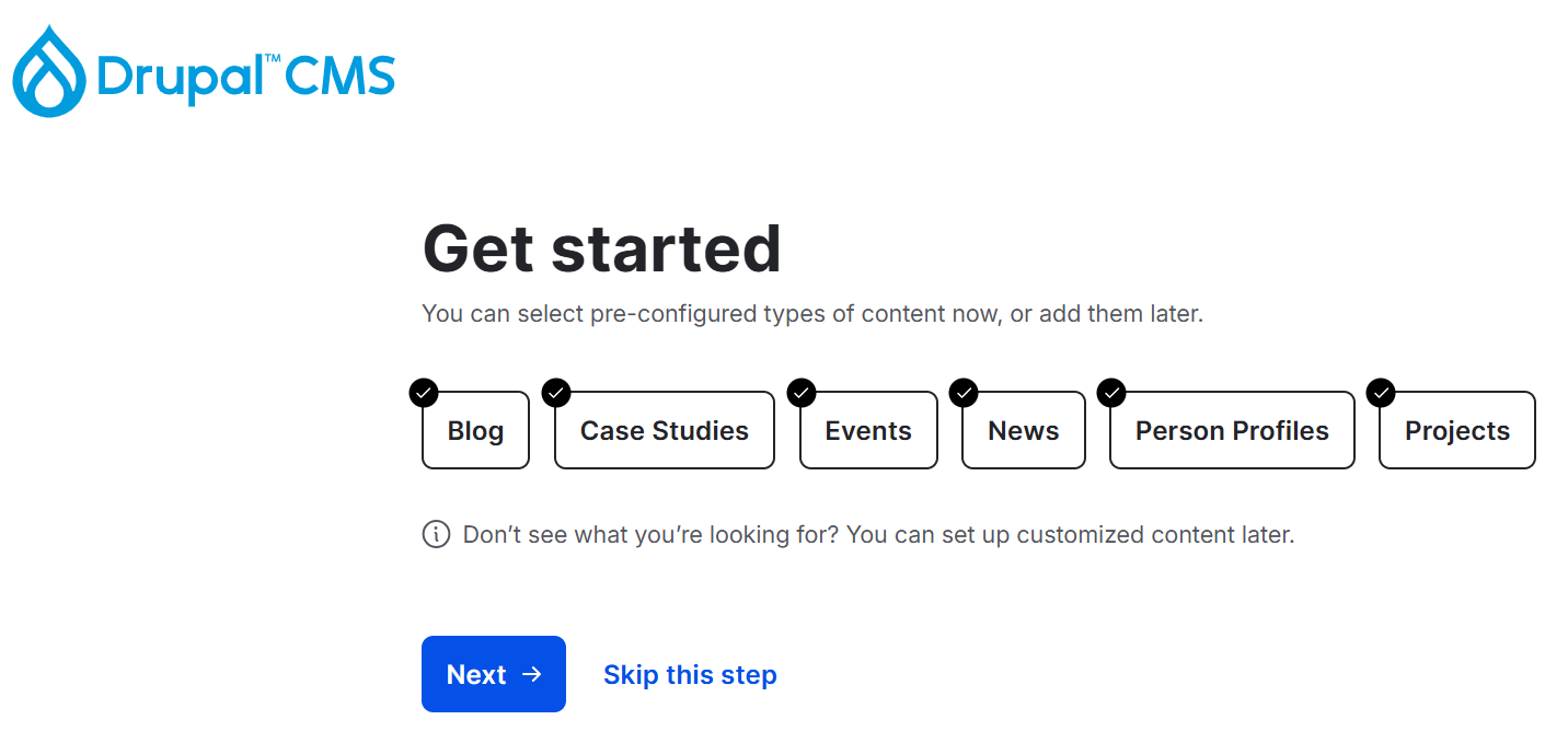 Choosing feature sets during Drupal CMS installation