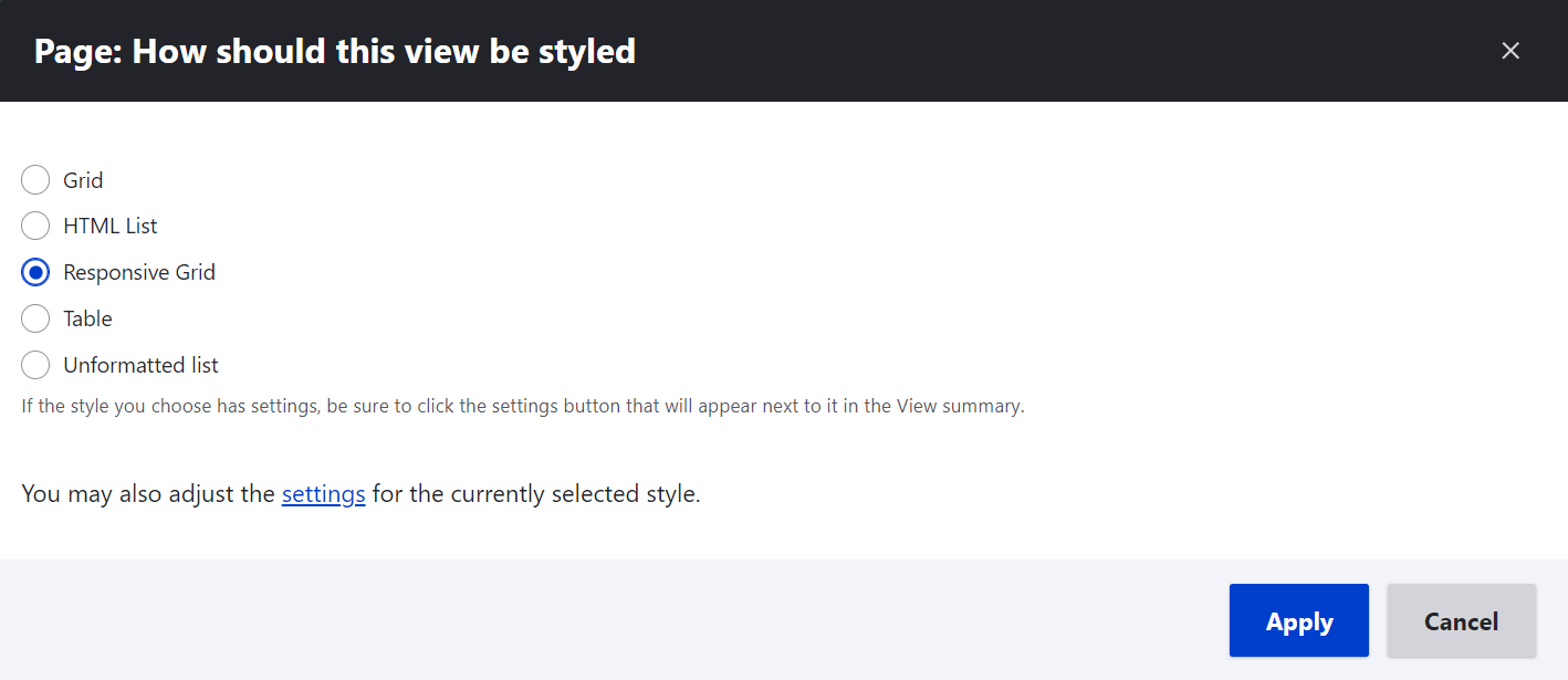 Choosing the Responsive Grid format for making settings in Drupal Views.