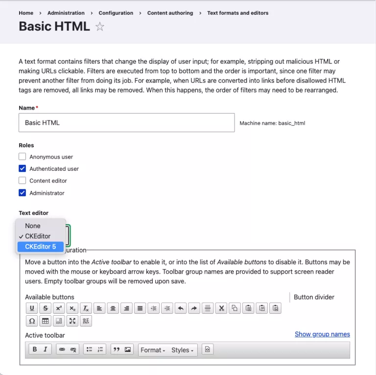 Configuring a text format to use CKEditor 5 on the “Text formats and editors” admin page.