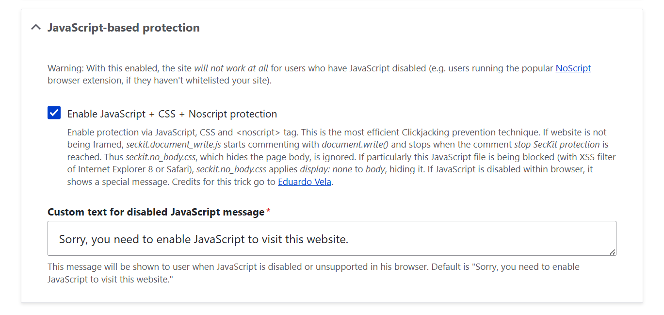Clickjacking protection settings in Drupal’s SecKit: JavaScript-based security
