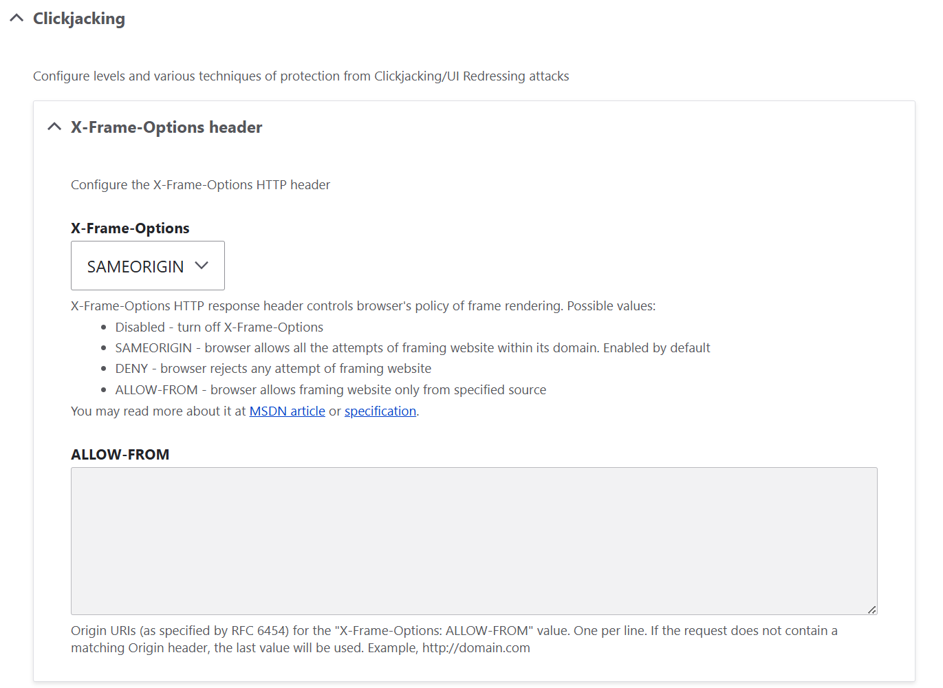 Clickjacking protection settings in Drupal’s SecKit: X-Frame-Options header