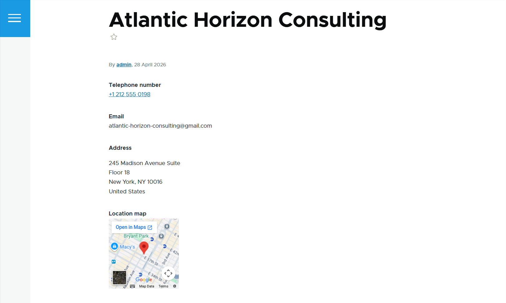 Checking how the company's contact information looks on the Drupal website