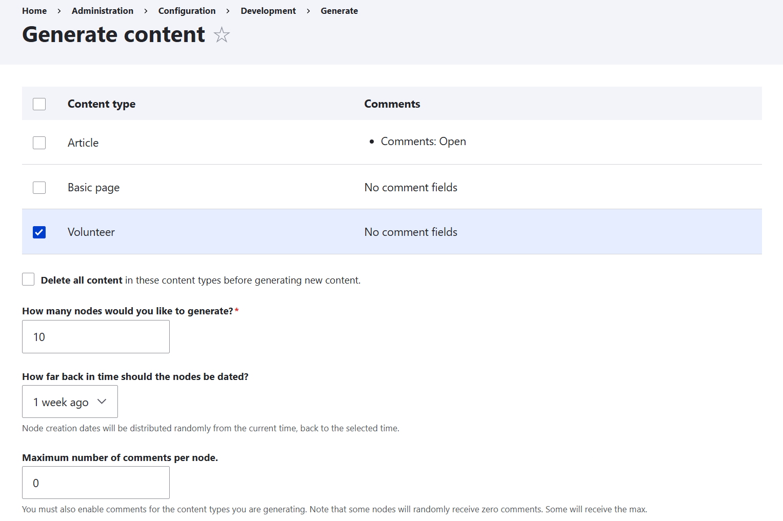 Configuring the details of dummy content generation by Drupal’s Devel, part 1