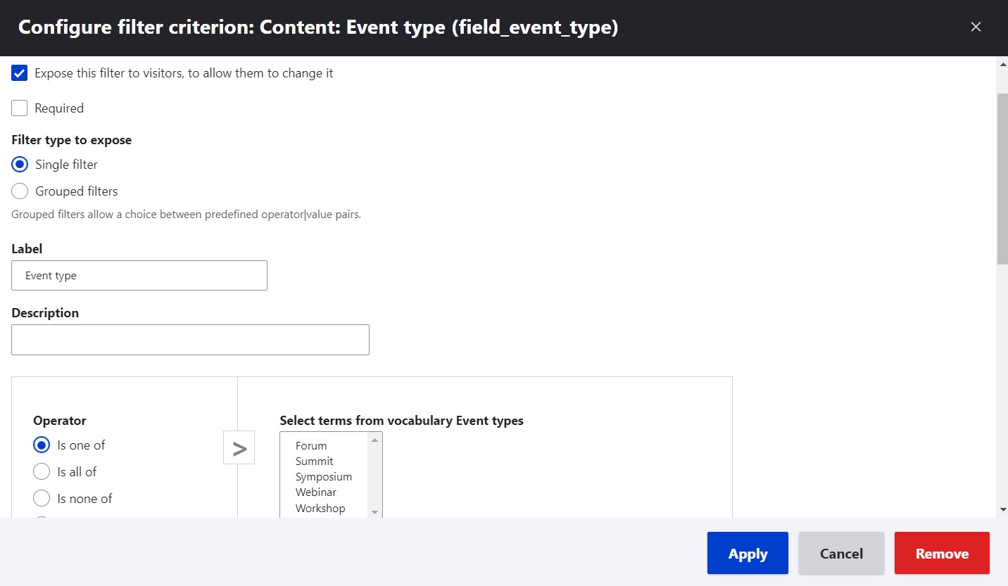 Configuring exposed filters for a calendar view.