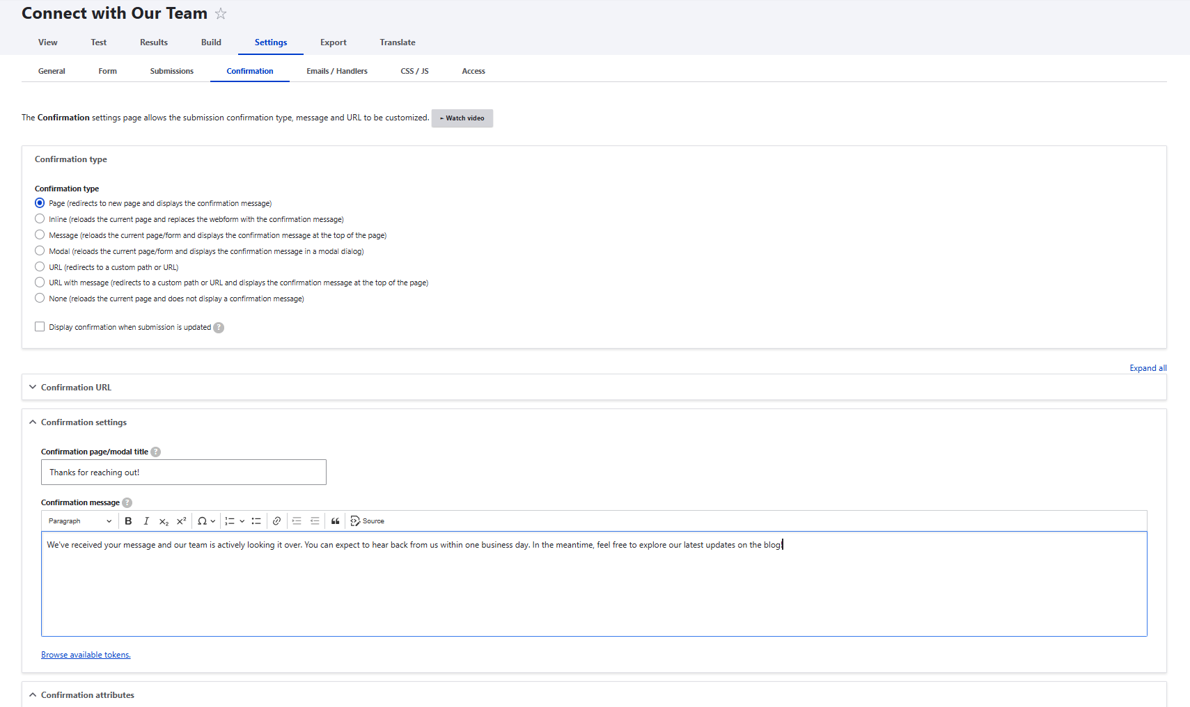 Configuring form confirmation via Drupal’s Webform