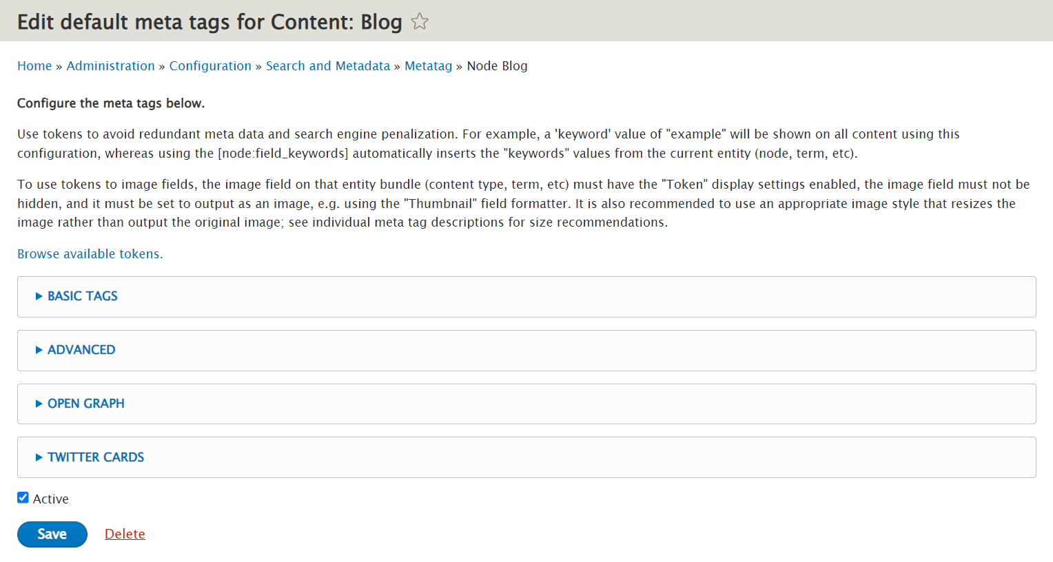 Viewing the list of all meta tags for the Blog