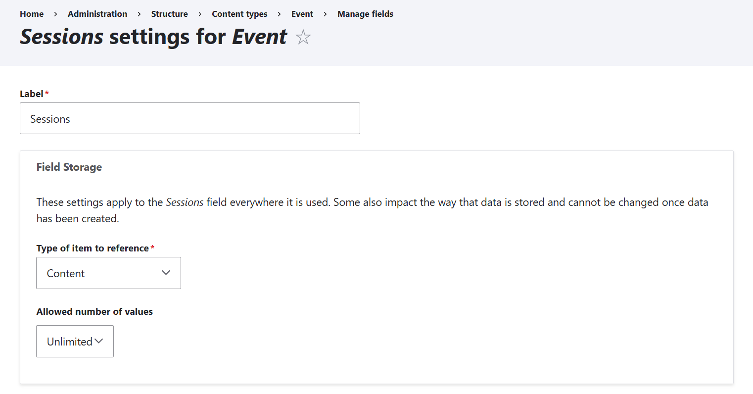 Configuring the Sessions field for the Event content type, part 1