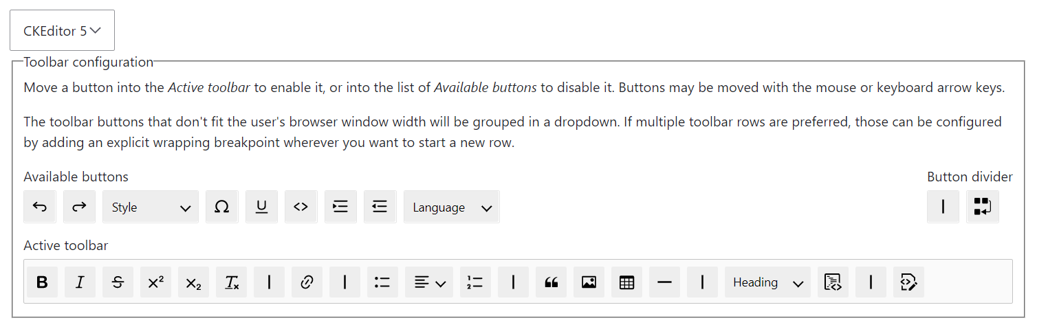 Configuring the CKEditor 5 toolbar in Drupal 10.