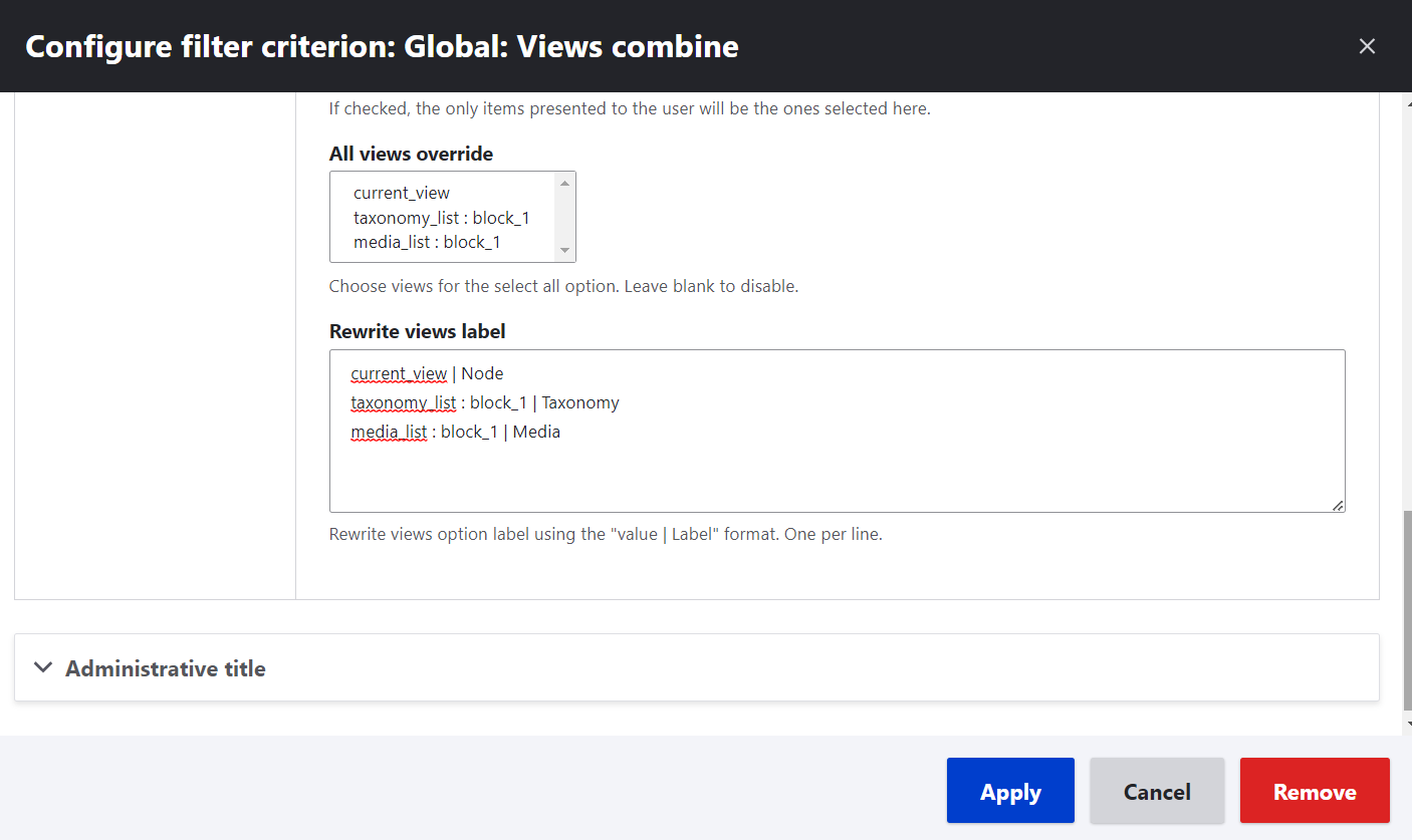 Configuring the view labels in the “Views Combine” exposed filter.