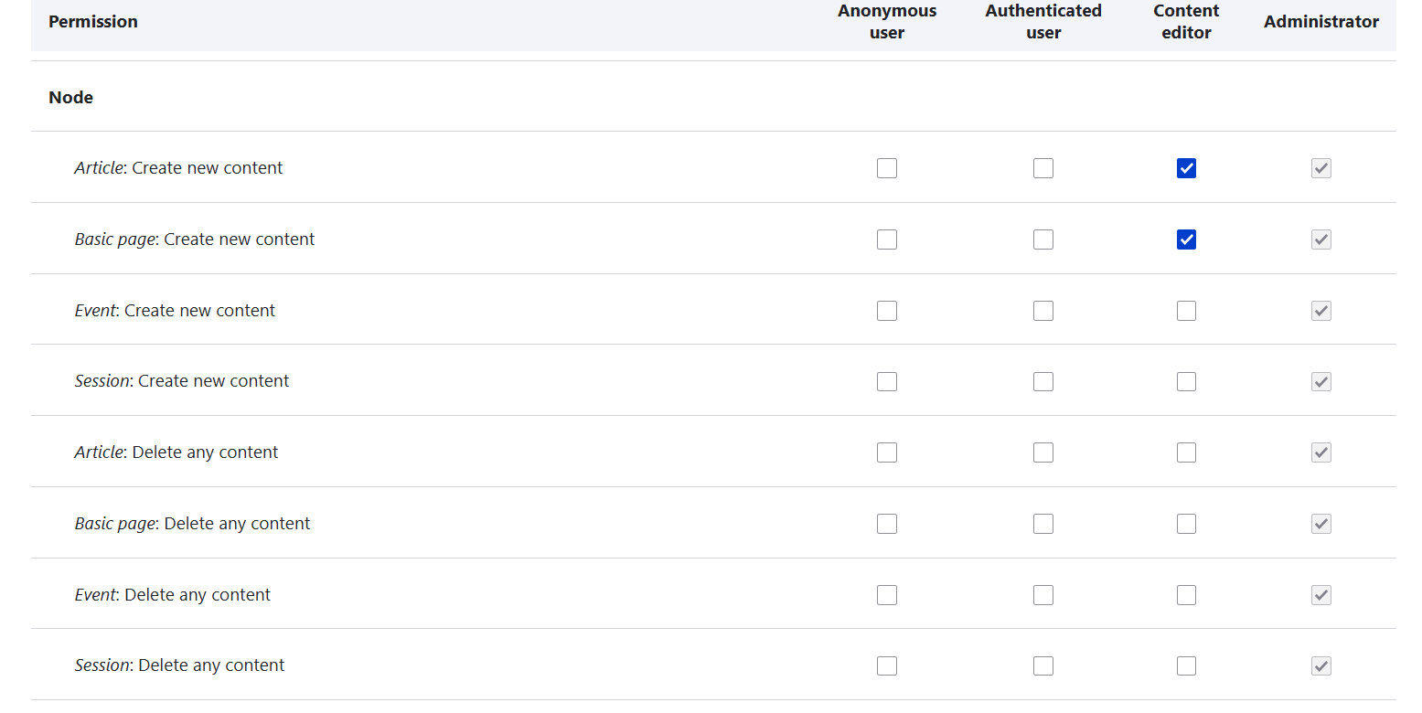 Configuring Drupal user permissions to manage events and sessions