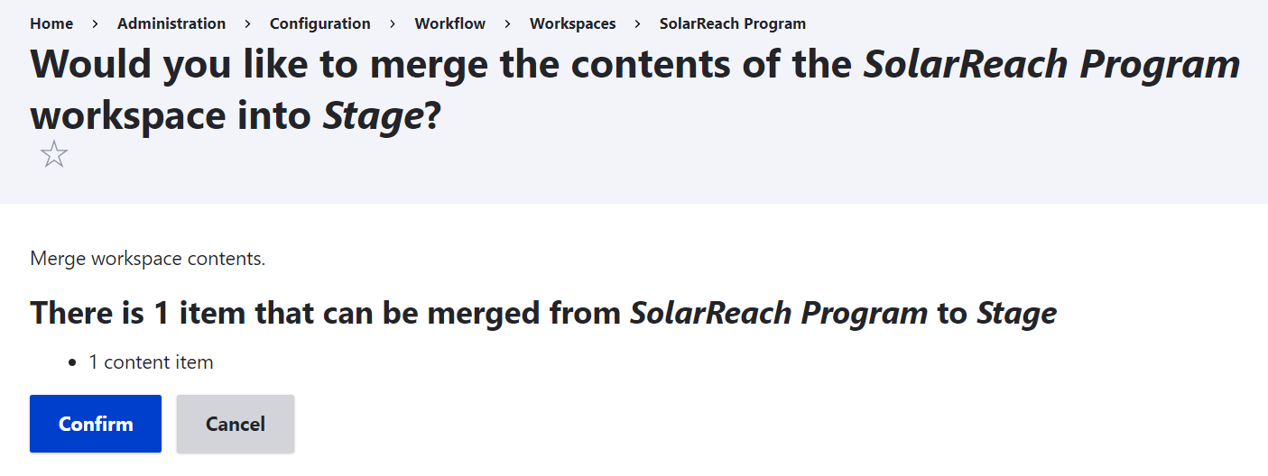 Confirming the content merge into the “Stage” workspace.