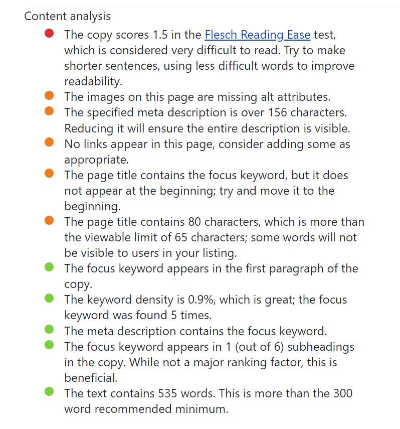 Content analysis by the Real-time SEO module.