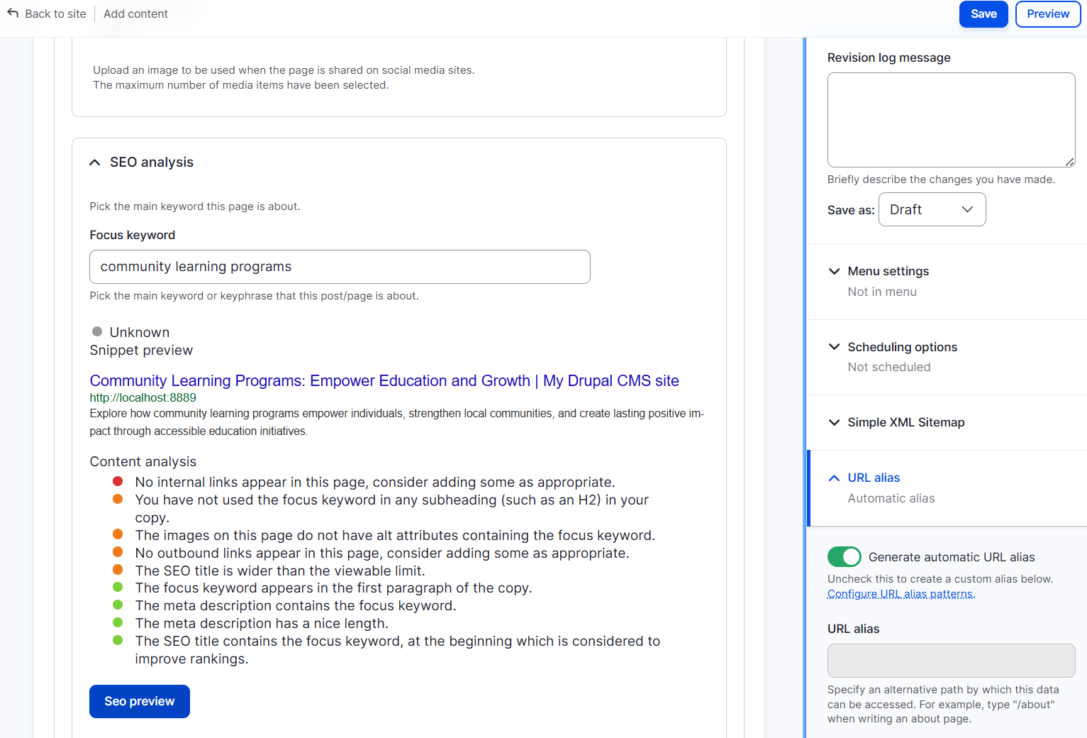 The content analysis by the Real-time SEO module