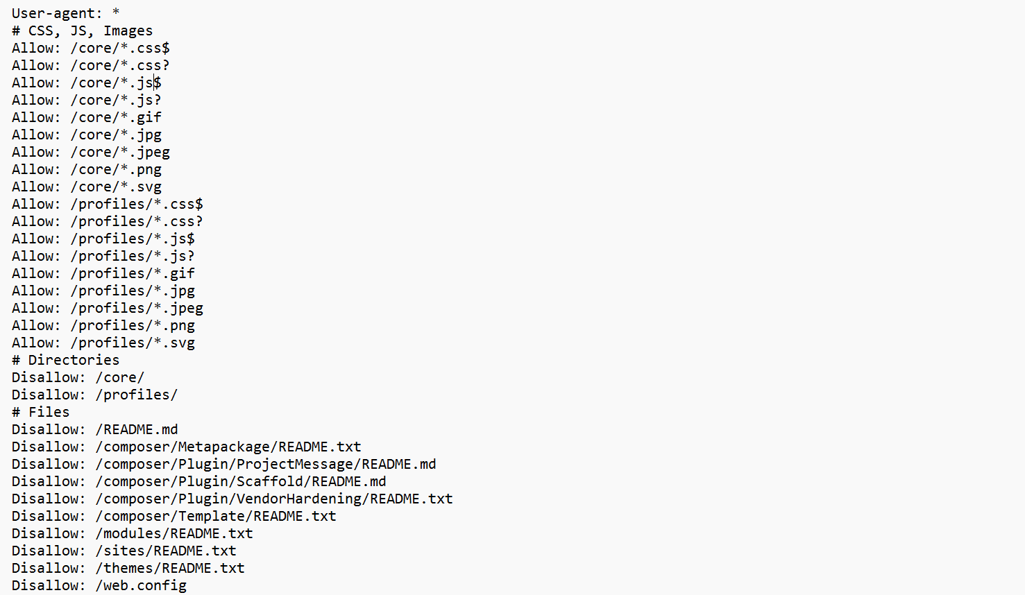 A couple of sections of Drupal’s default robots.txt file
