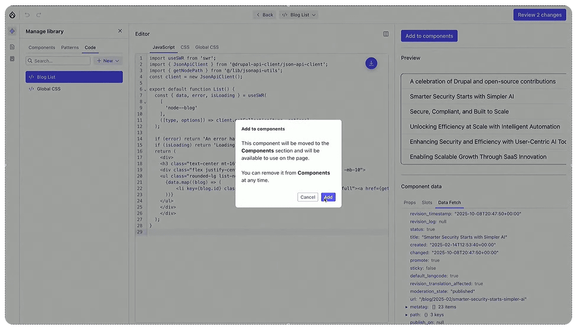 Creating blocks to Drupal Canvas using JavaScript