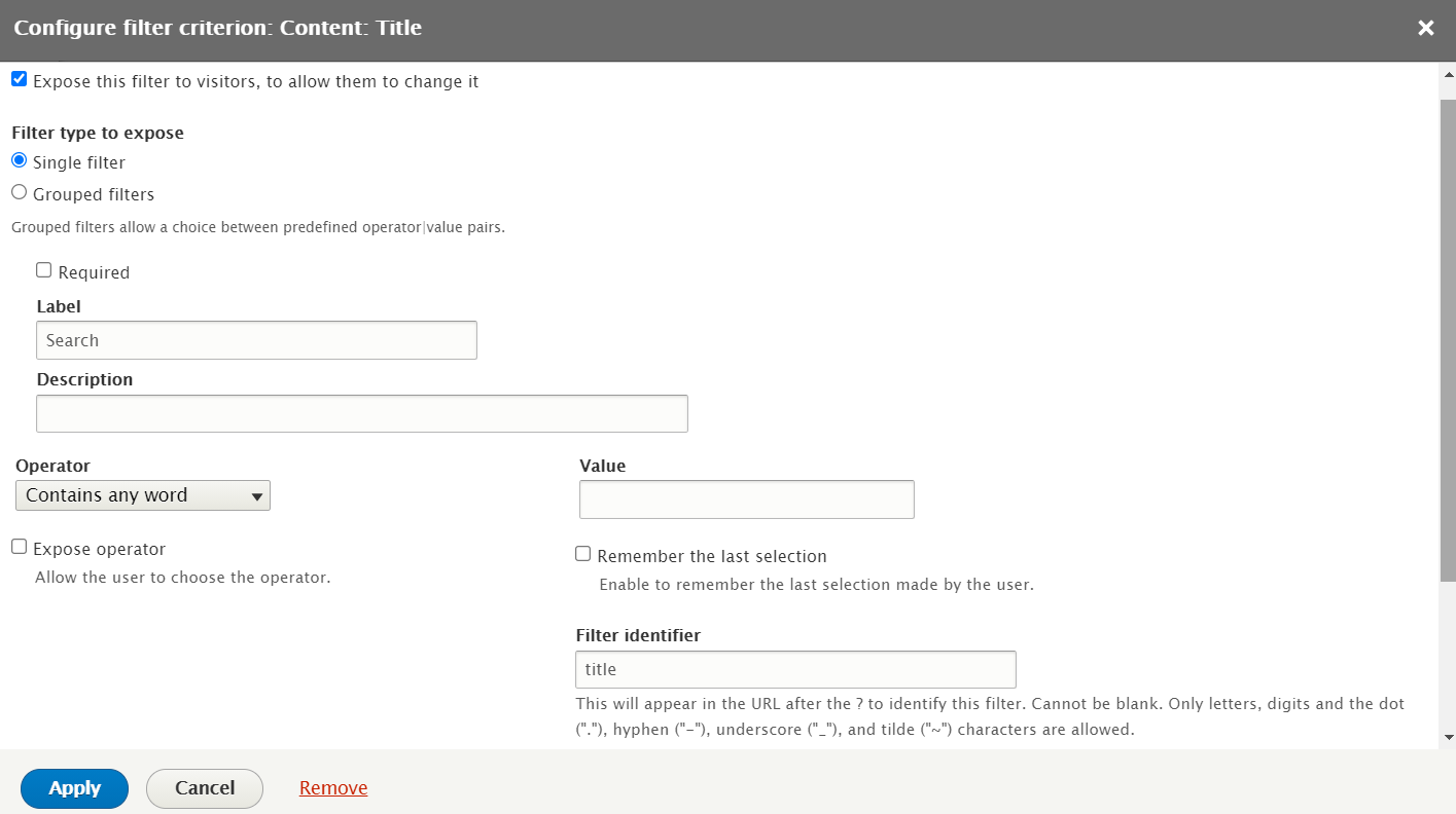 Creating exposed filter