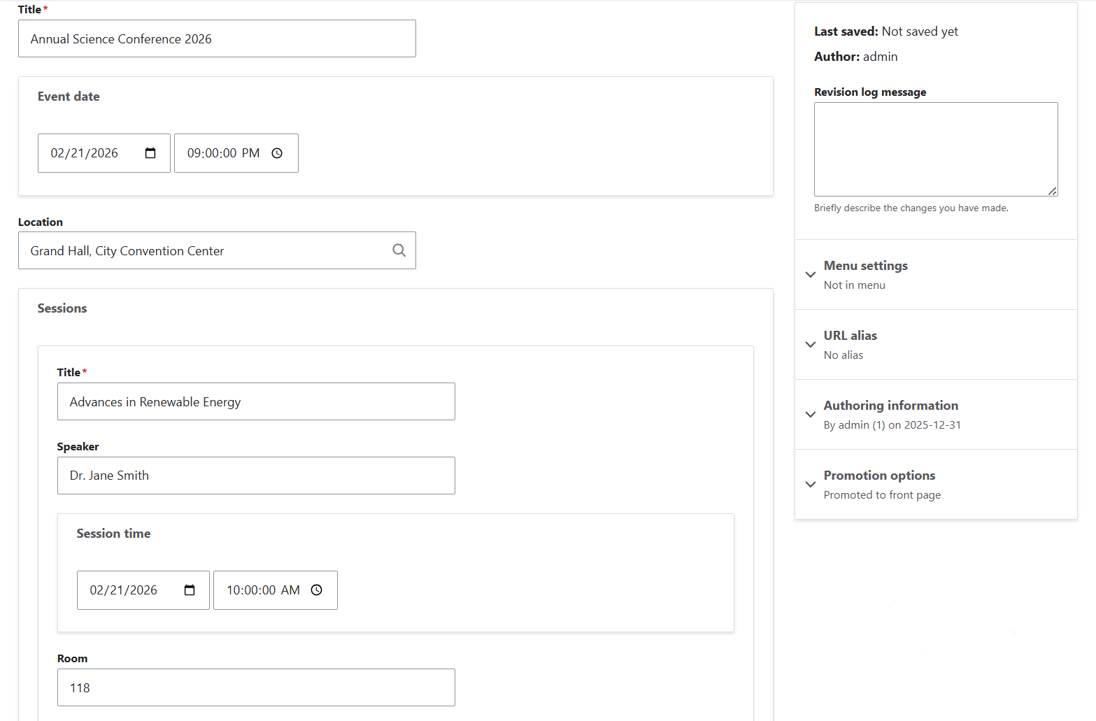 Creating a new session inside the event editing form in Drupal