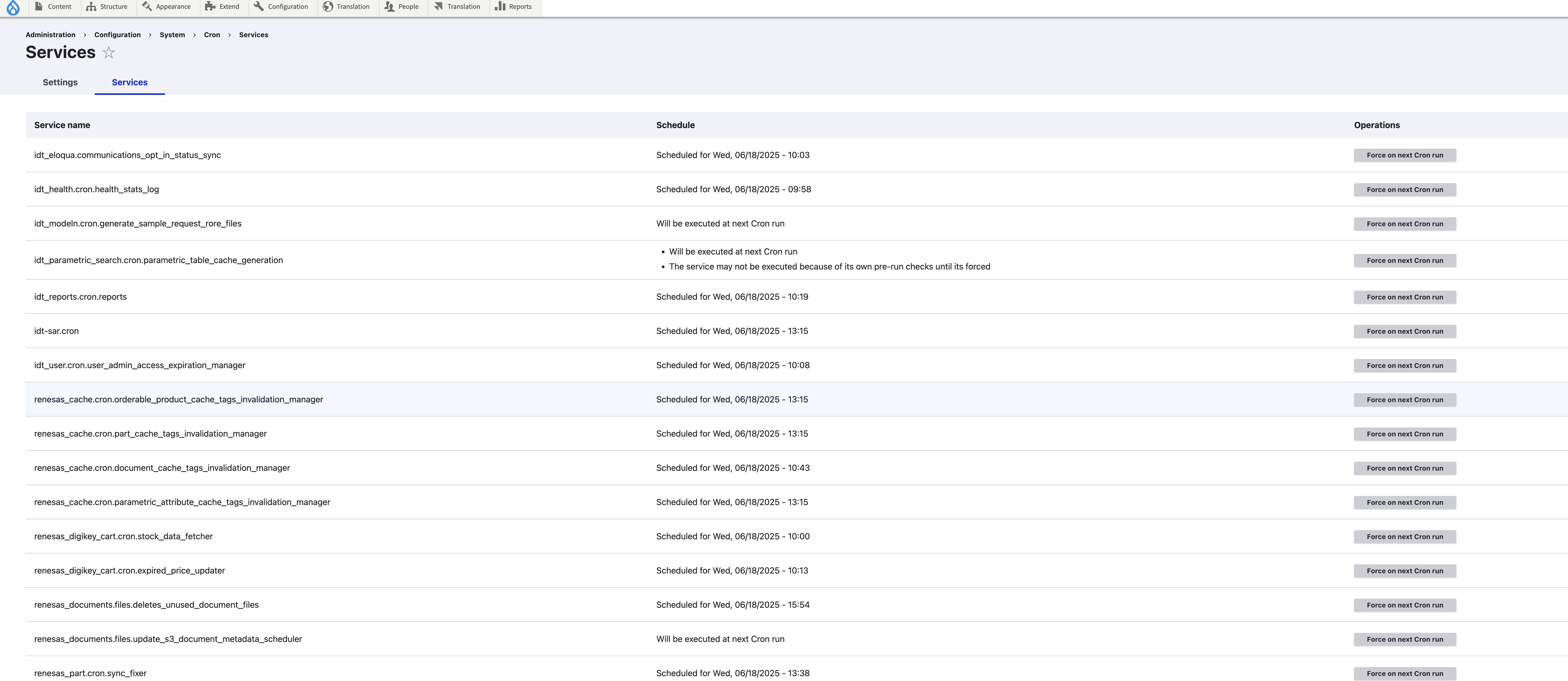 The settings page for Drupal's Cron Service module