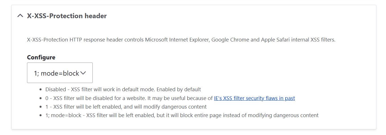 Cross-site scripting protection settings in Drupal’s SecKit: enabling the X-XSS-Protection header