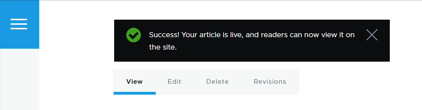 A custom message by Entity Confirmation module on a Drupal website about published article