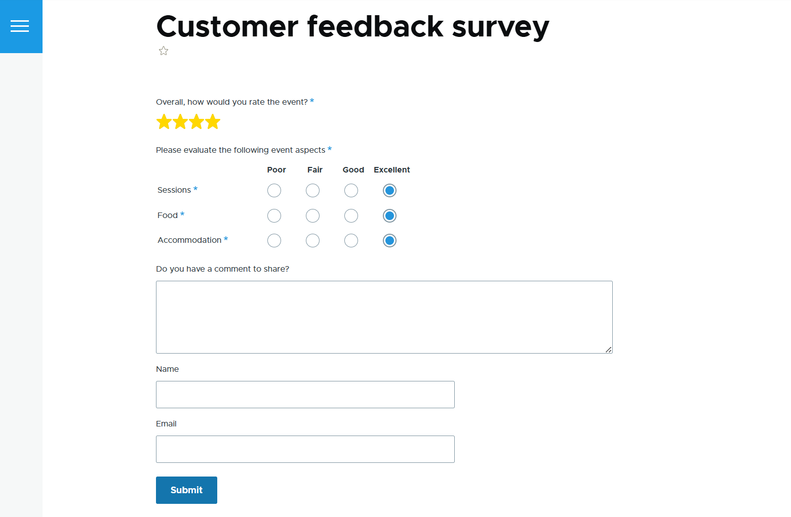 An example of a customer feedback survey created via Drupal’s Webform