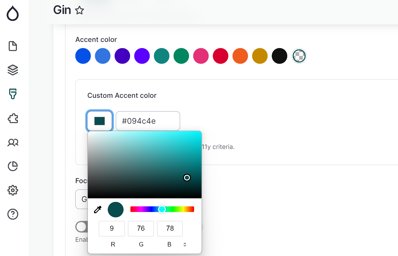 Customizing the accent color in the Gin admin theme’s settings.