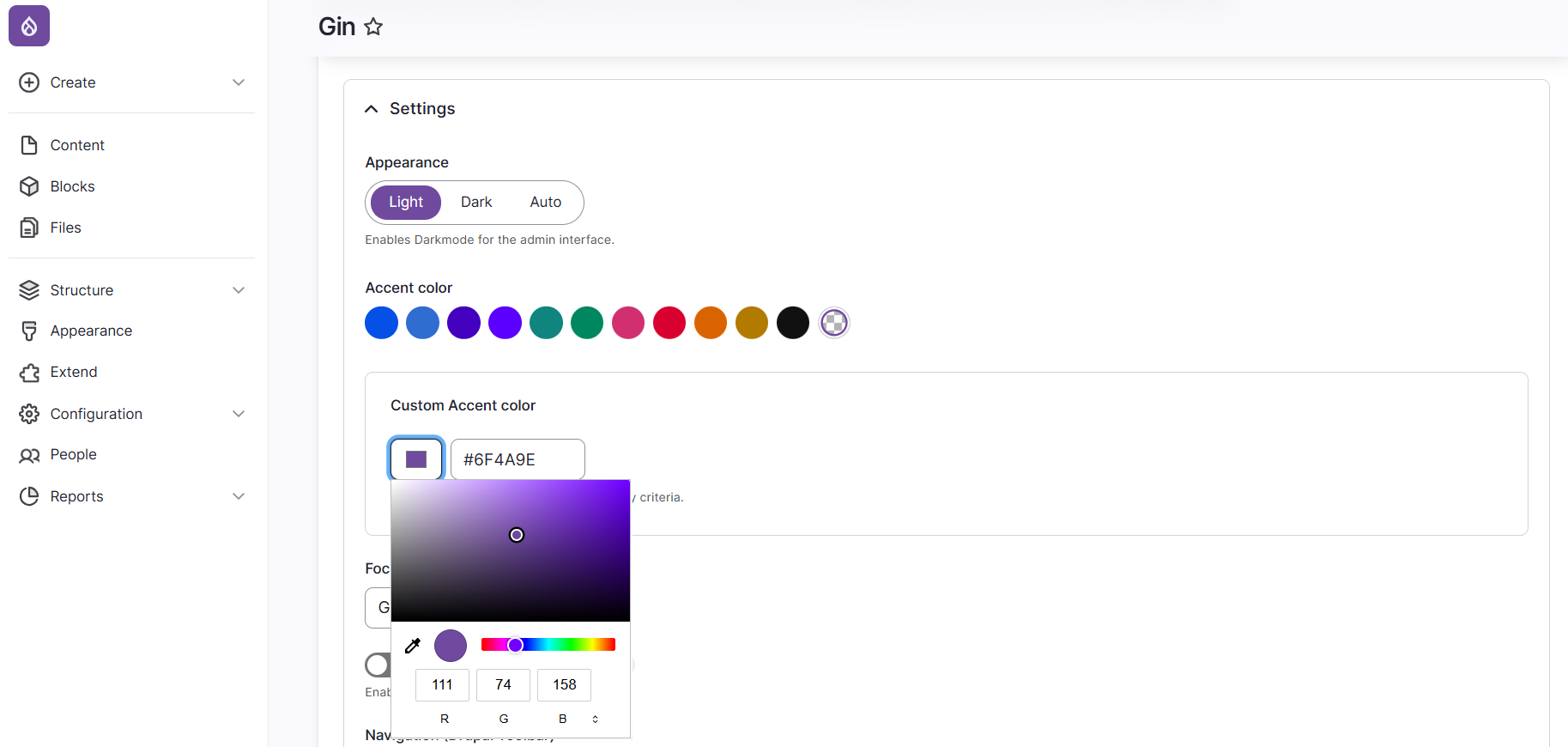 Customizing a Drupal website’s accent colour in the settings of the Gin admin theme