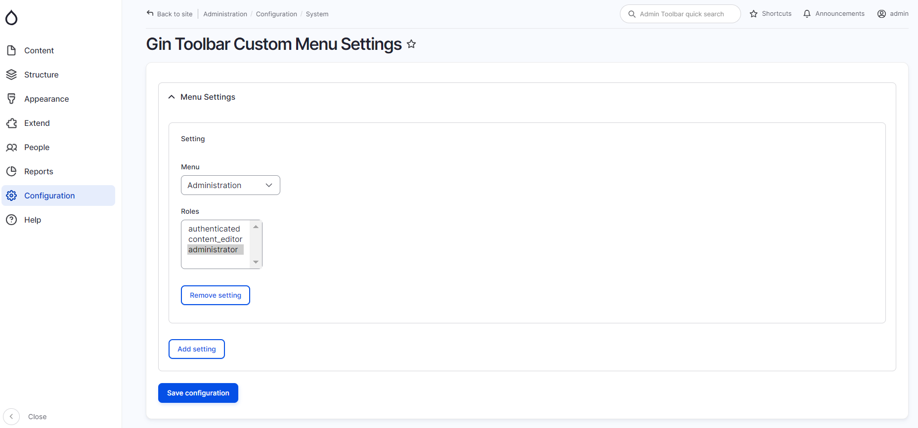 Customizing the Gin Toolbar for user roles via the Gin Toolbar Custom Menu module.