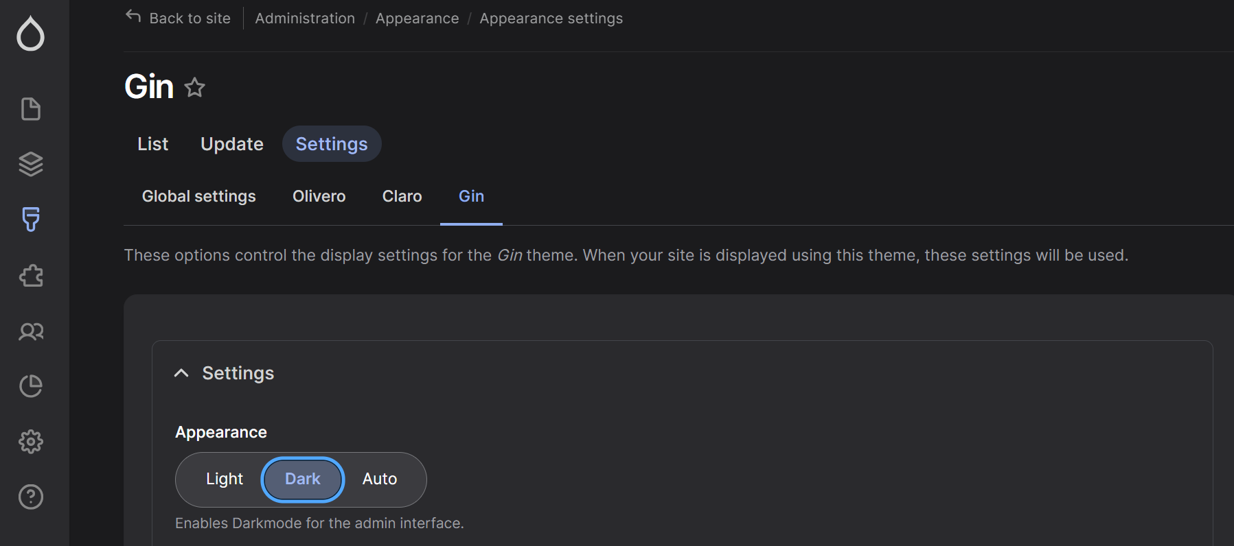 The dark mode in the Gin admin theme.