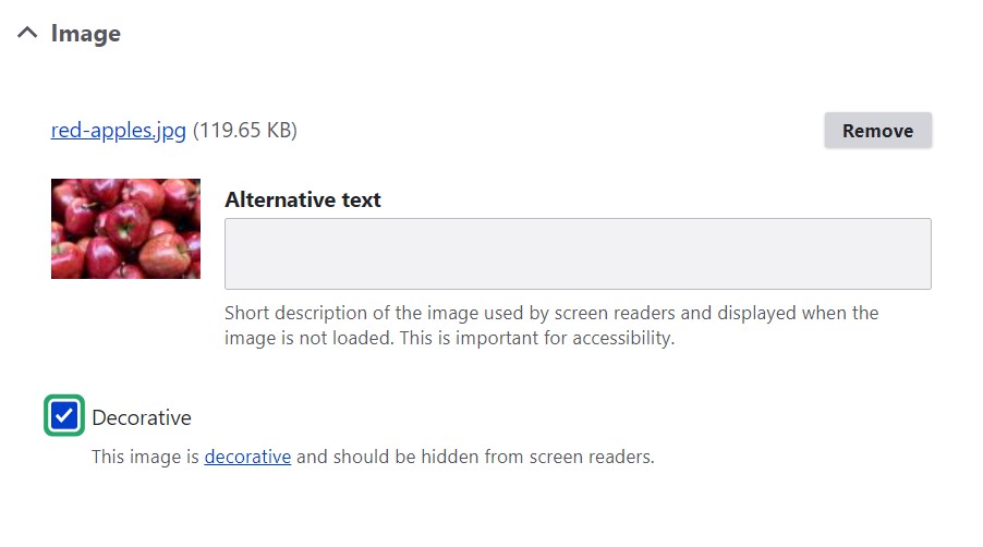 A “Decorative” checkbox for images provided by the Decorative Image Widget module.