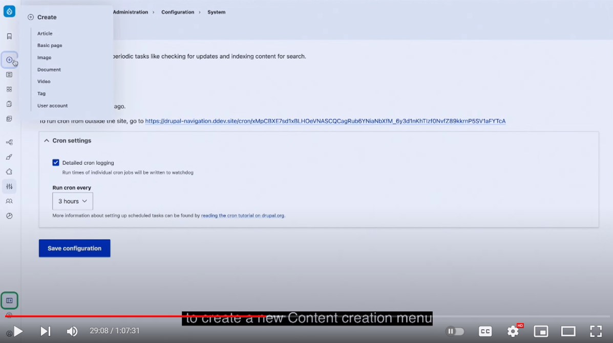 A demo of direct content creation links in the new admin toolbar.