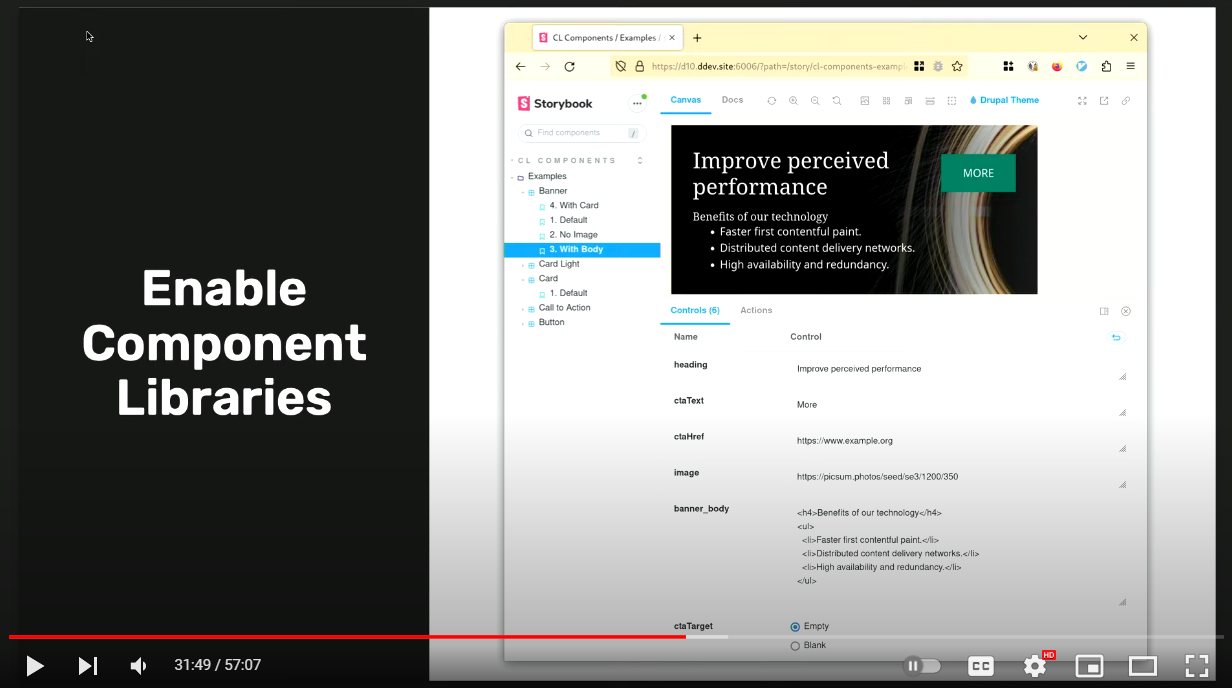 A demo from the DrupalCon presentation featuring the integration of SDC with Storybook.