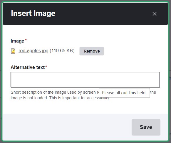 The dialog box for adding alt text to an image via in CKEditor 4.