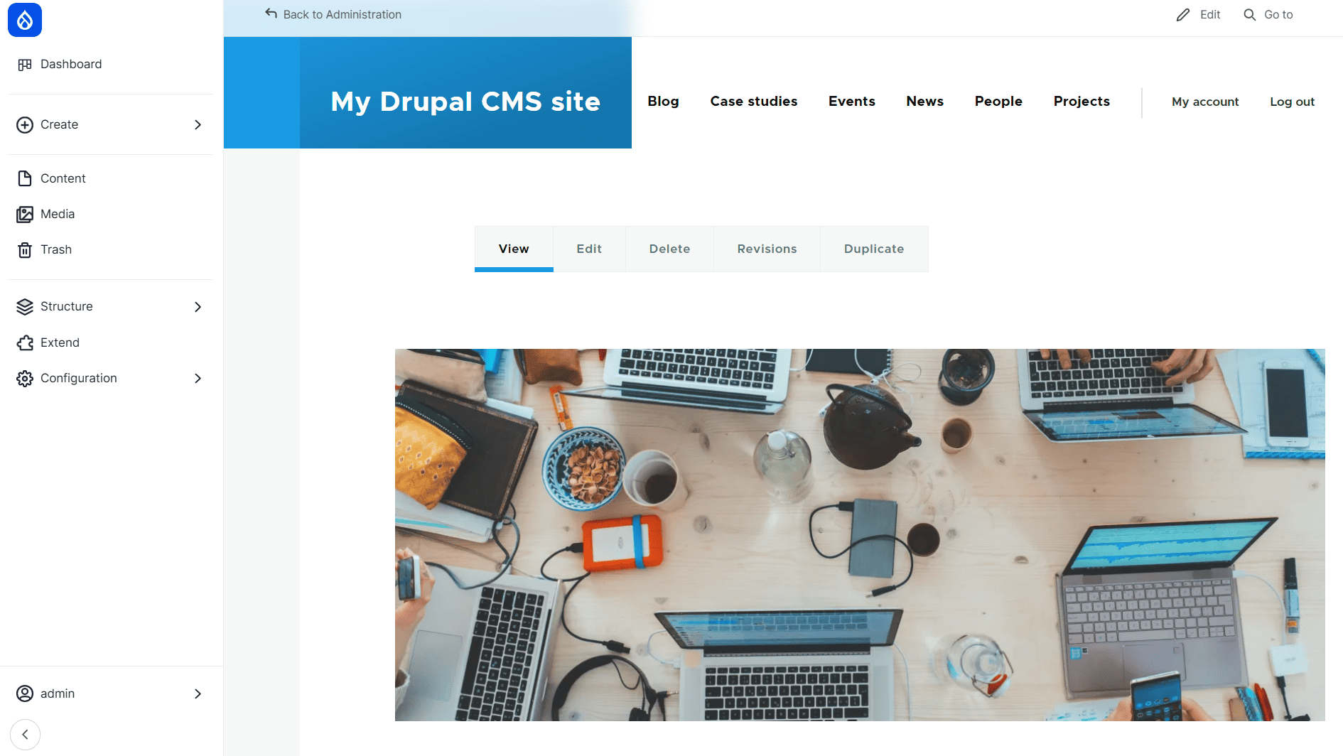 Drupal CMS homepage with content sections in main navigation
