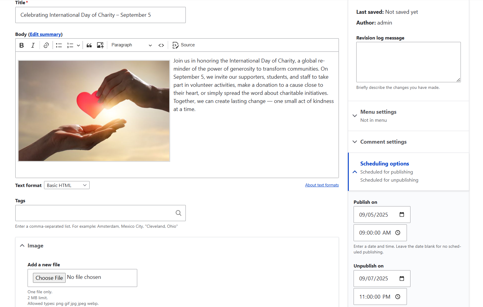 A Drupal content piece is scheduled for publishing and unpublishing at a specific date via the Scheduler module