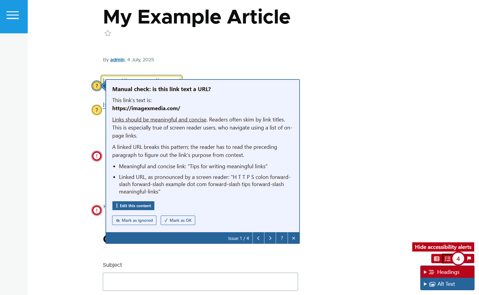 Drupal’s Editoria11y module in action: accessibility alerts