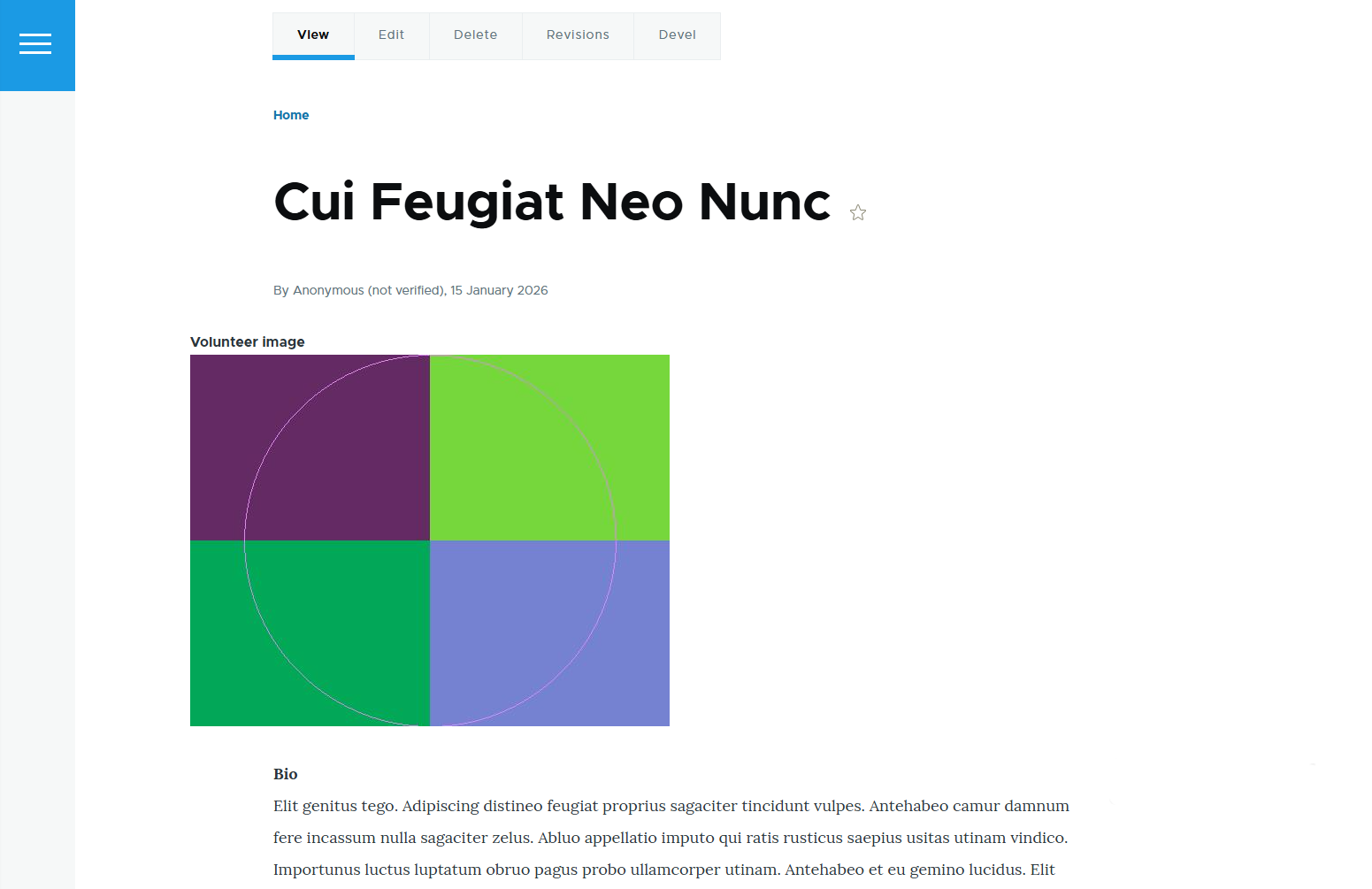 A dummy volunteer page generated by Devel in Drupal, part 1