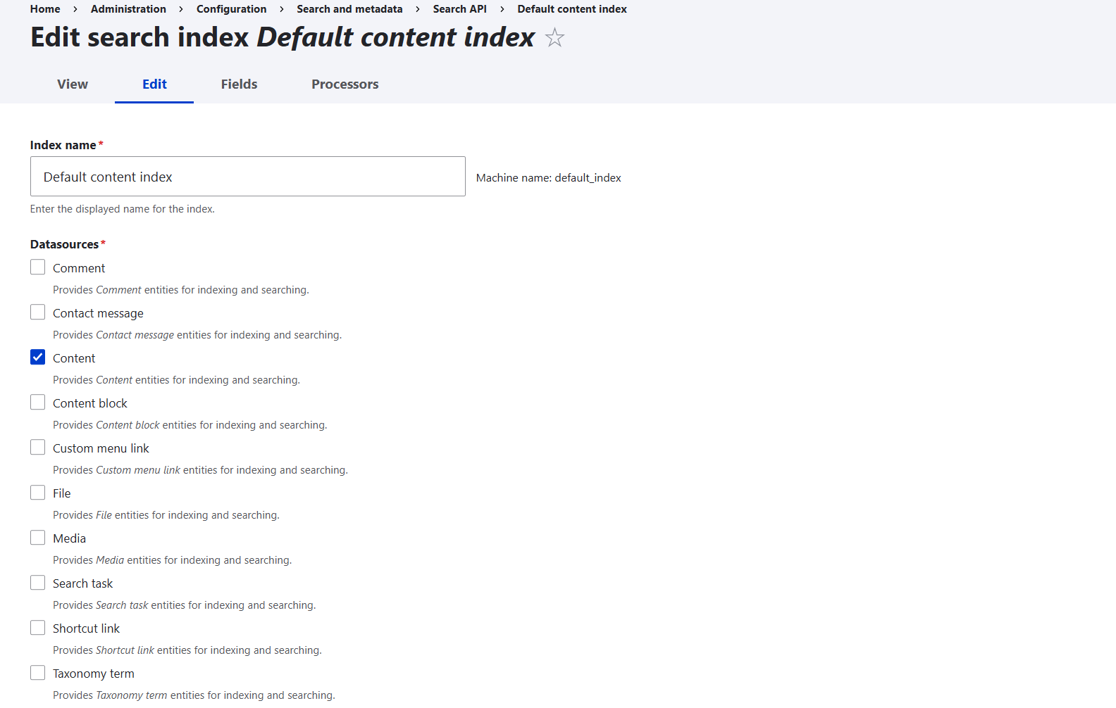 The ”Edit” tab of the settings for a search index in Search API’s interface, part 1