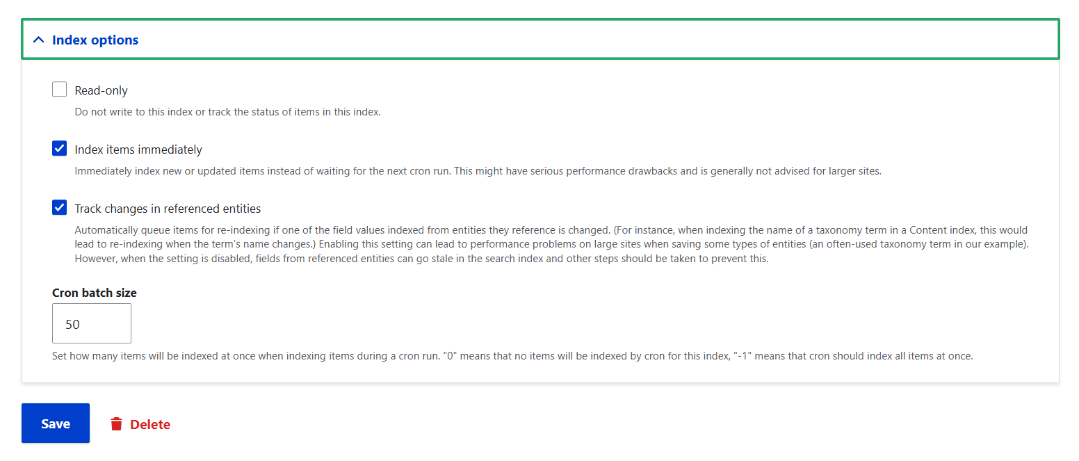 The ”Edit” tab of the settings for a search index in Search API’s interface, part 4