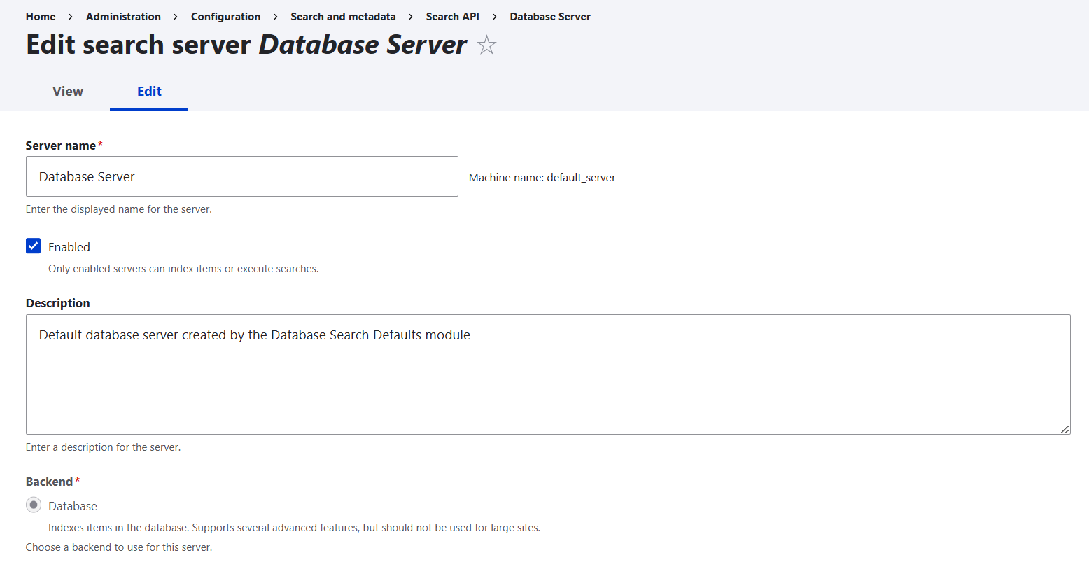 The “Edit” tab of the settings for a search server in Search API’s interface: part 1