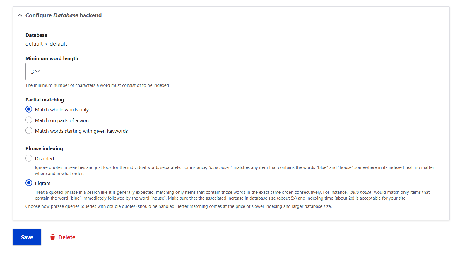 The “Edit” tab of the settings for a search server in Search API’s interface: part 2