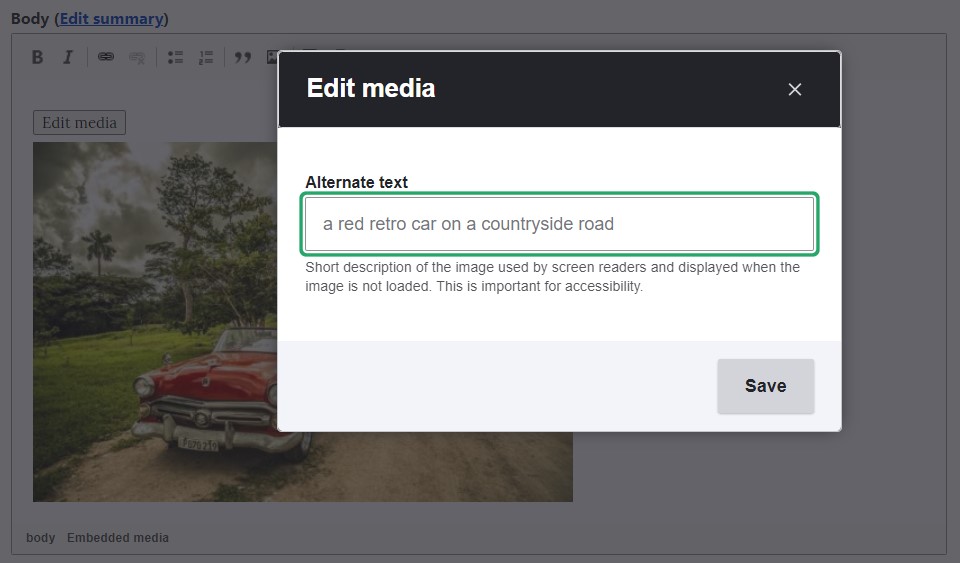 Editing alt text for an image that’s been uploaded from the Media Library in CKEditor 4.