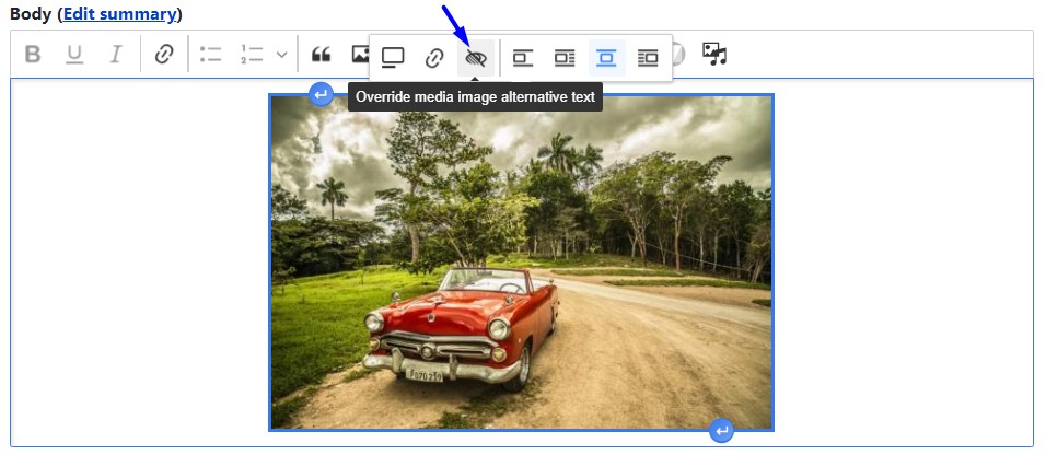 Editing alt text for an image that’s been uploaded from the Media Library in CKEditor 5.