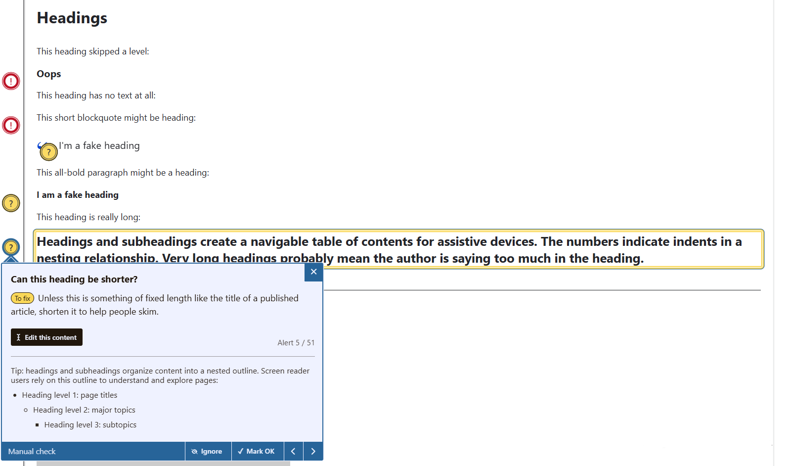 An example of how the Editoria11y Accessibility Checker module checks your Drupal headings