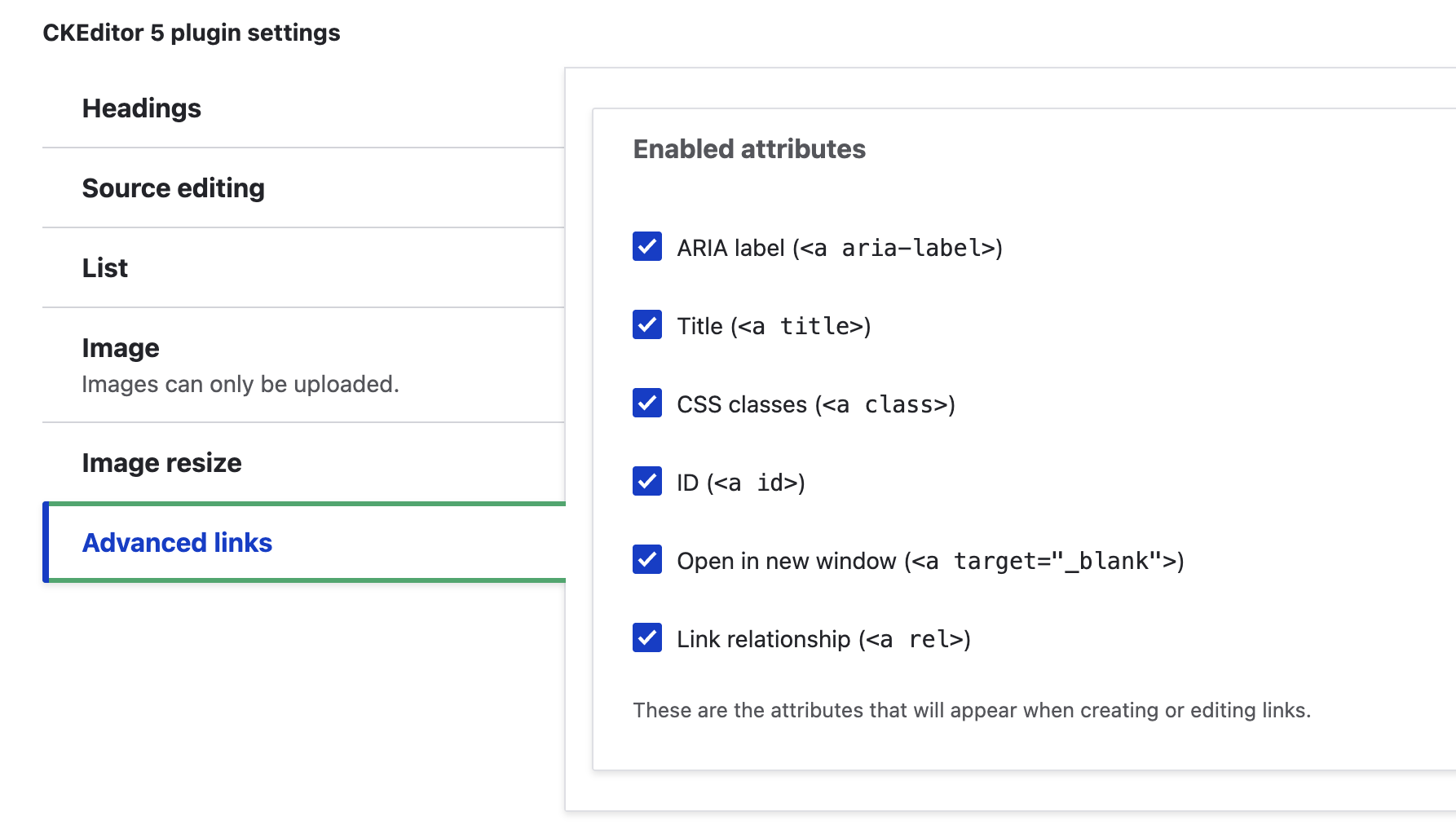 Enabling attributes for Editor Advanced Link in Drupal’s CKEditor settings