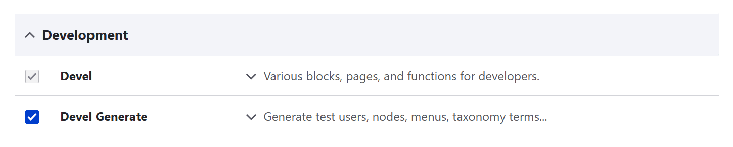 Enabling the Devel Generate submodule in Drupal