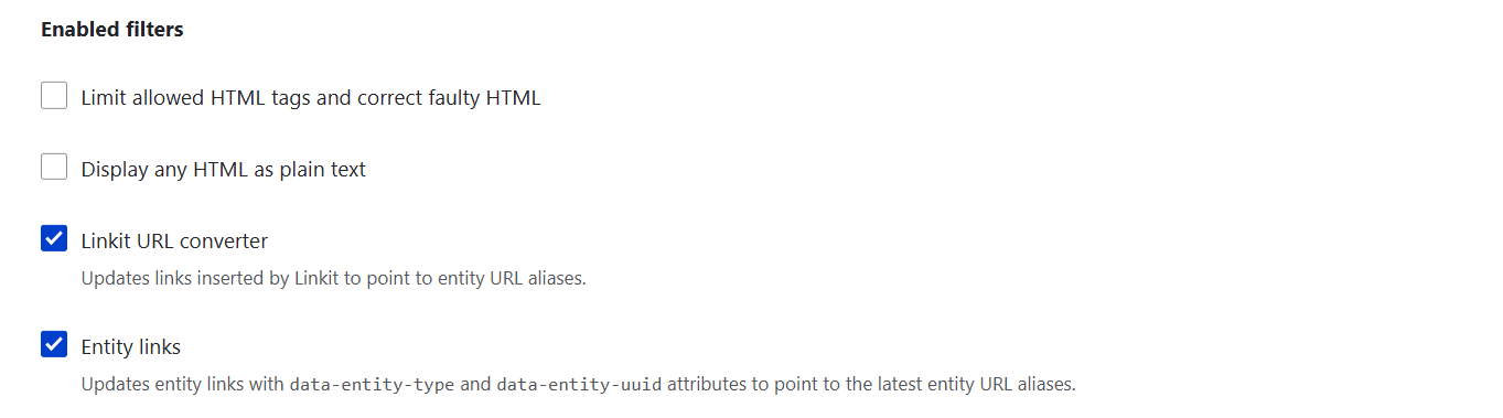 Enabling filters for the Linkit module in Drupal’s CKEditor settings